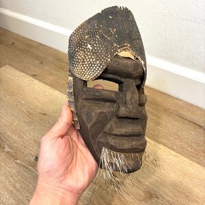 Vintage African Tribal Wood Mask Hand Carved Animal Hair 9” Wall Art